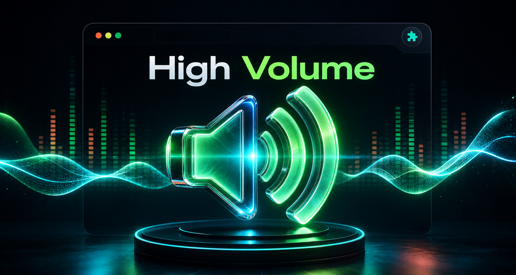 High Volume browser extension artwork with glowing speaker and sound waves